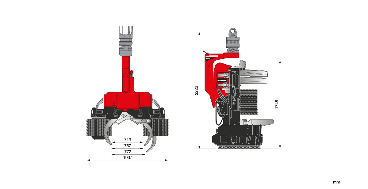 Dimensiones del cabezal procesador Komatsu S172